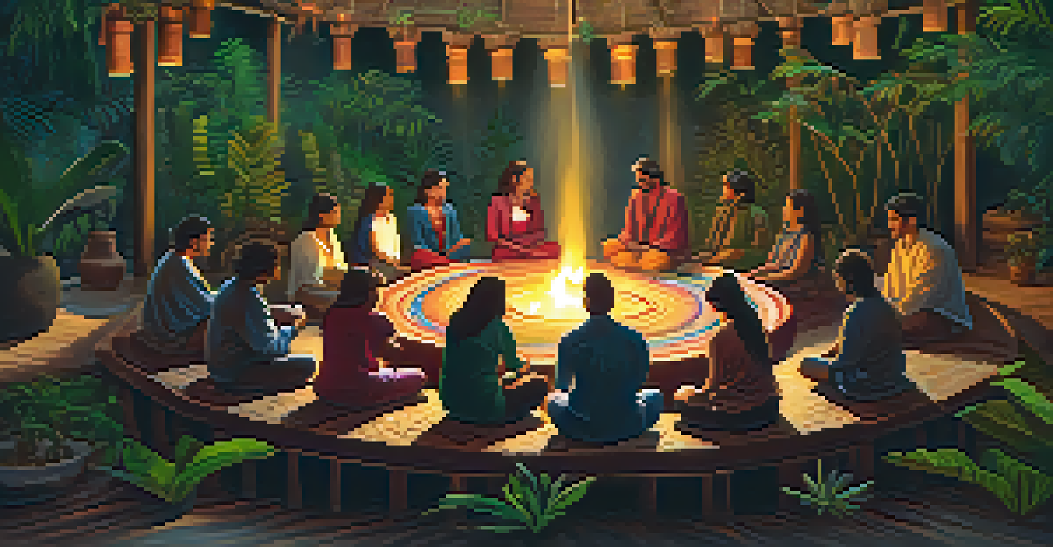 A group of individuals in a circle for an Ayahuasca ceremony, sitting on cushions with warm lantern light, centered around a ceremonial bowl of Ayahuasca brew.