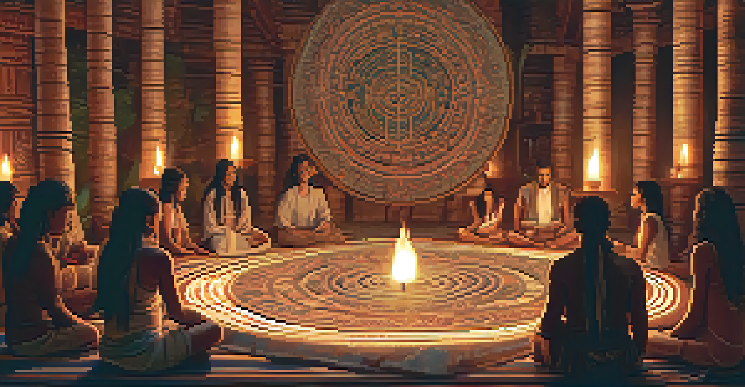 An intimate Ayahuasca ceremony in a candle-lit space, with participants in a circle and a shaman in the center, surrounded by plants and herbs.