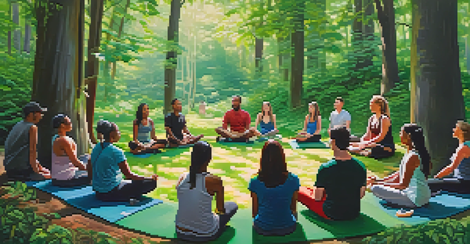 A group of diverse people sitting in a circle in a forest, sharing their experiences and emotions in a supportive setting.