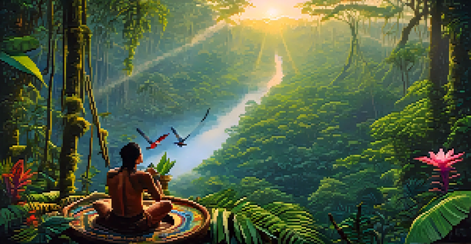 A beautiful Amazon rainforest at dawn, with sunlight filtering through the trees and an Indigenous shaman preparing ayahuasca in a bowl.