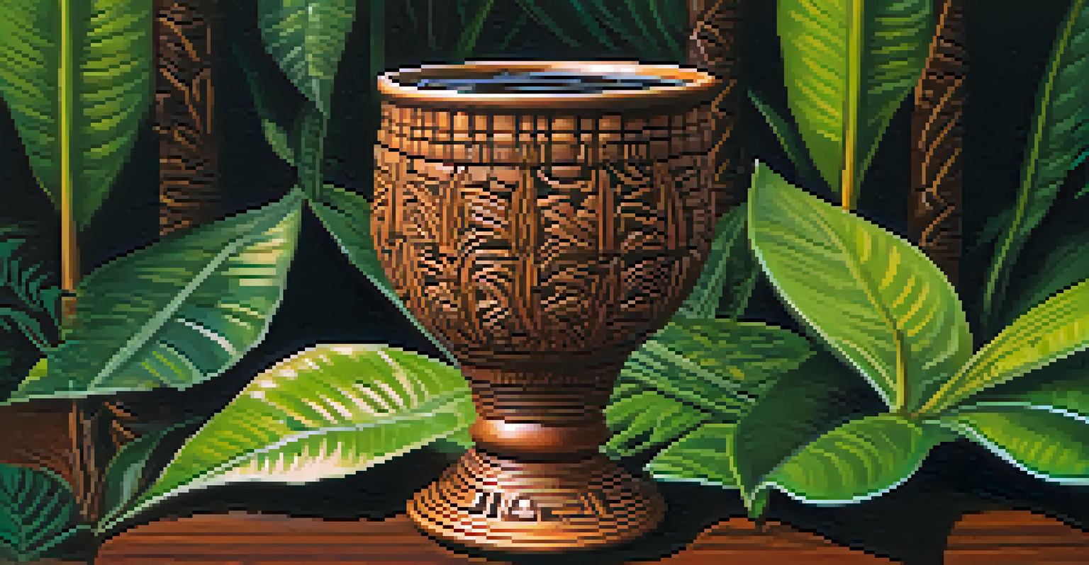 A close-up of a hand holding a carved ceremonial cup filled with Ayahuasca brew, surrounded by lush green plants.