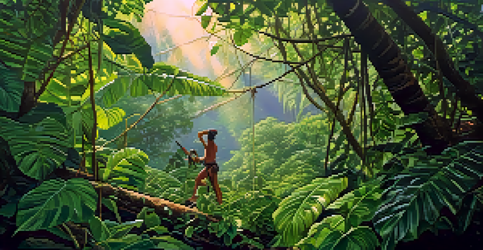 A person harvesting the Banisteriopsis caapi vine in a dense green rainforest, using a machete with sunlight filtering through the trees, emphasizing sustainability.