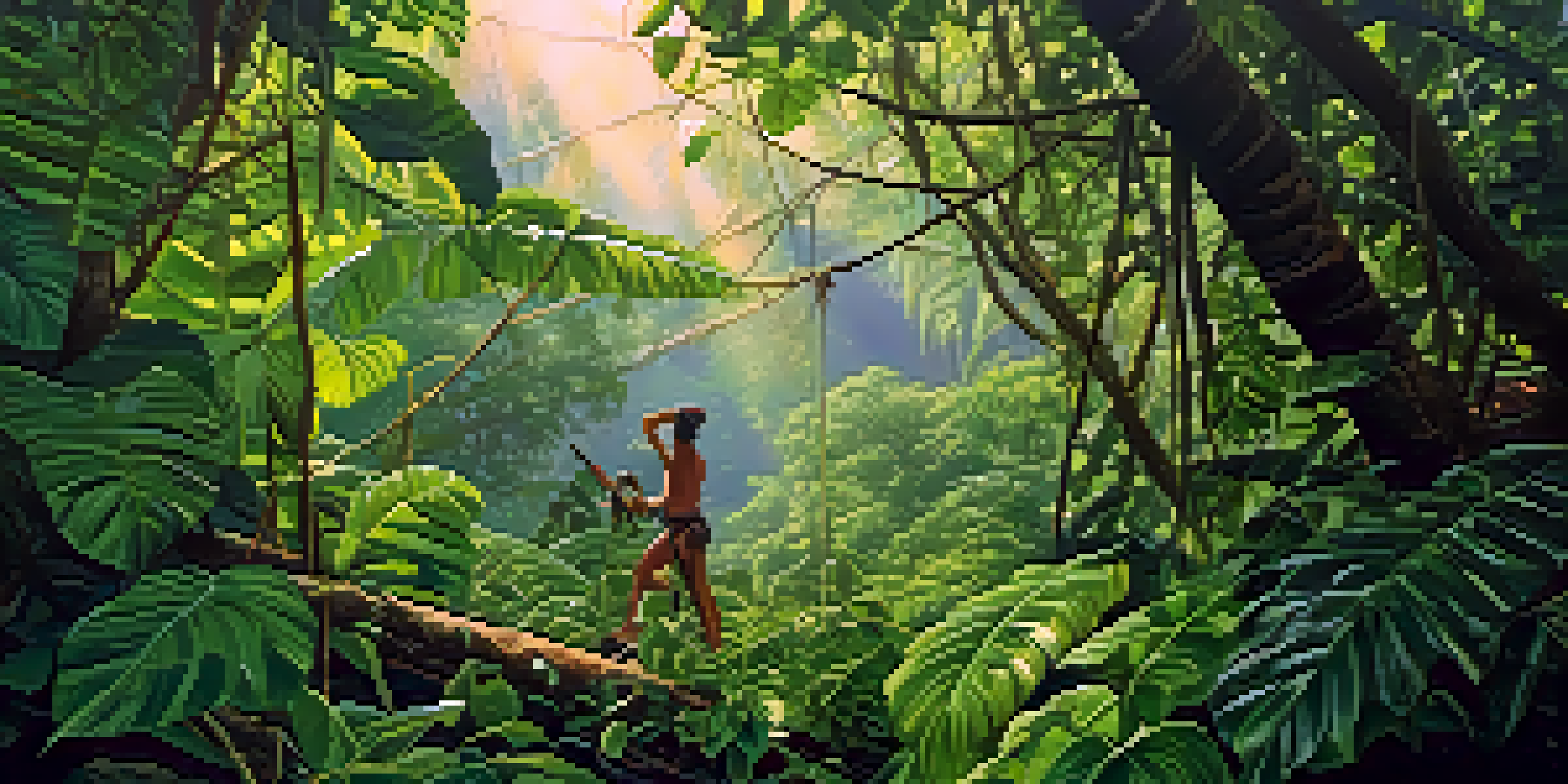 A person harvesting the Banisteriopsis caapi vine in a dense green rainforest, using a machete with sunlight filtering through the trees, emphasizing sustainability.