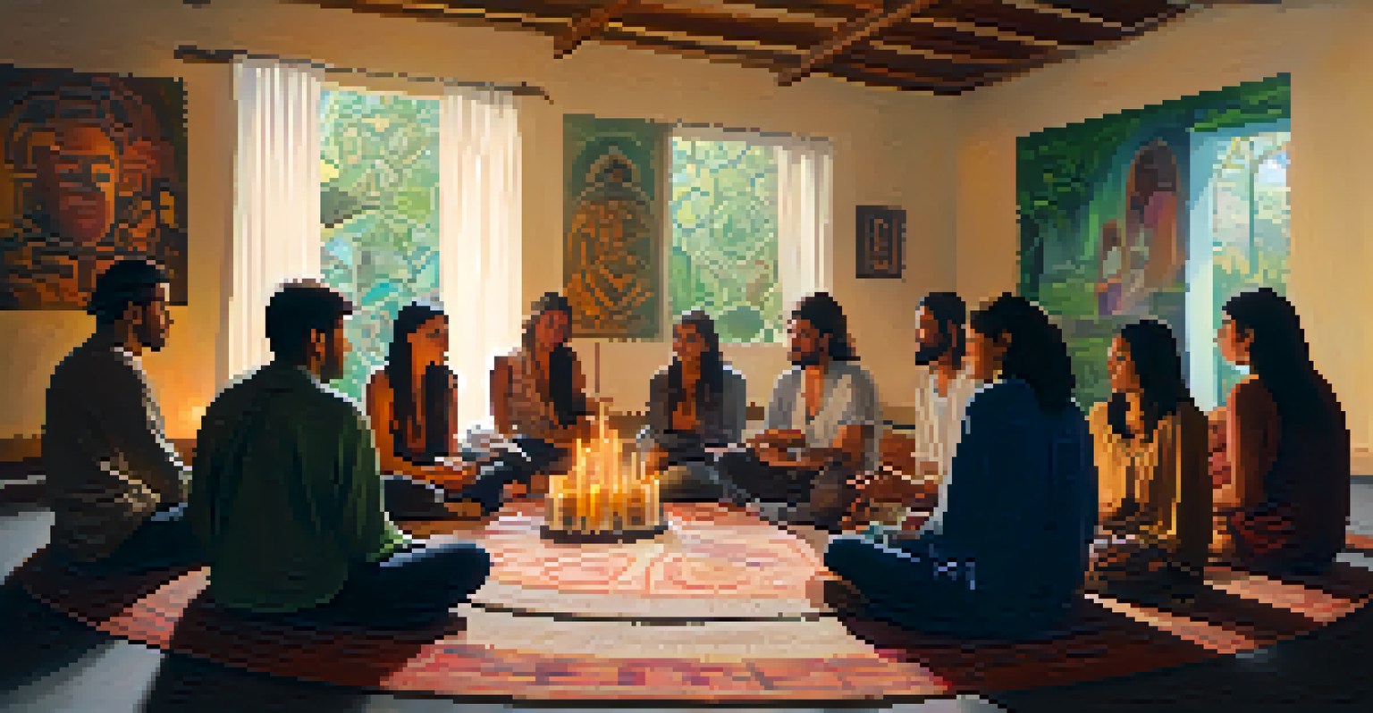 A group of individuals in a sharing circle after an Ayahuasca ceremony, surrounded by candles and personal items, showing expressions of contemplation.