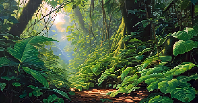 A peaceful scene of the Amazon rainforest featuring the Banisteriopsis caapi vine and vibrant Psychotria viridis leaves, illuminated by soft sunlight.