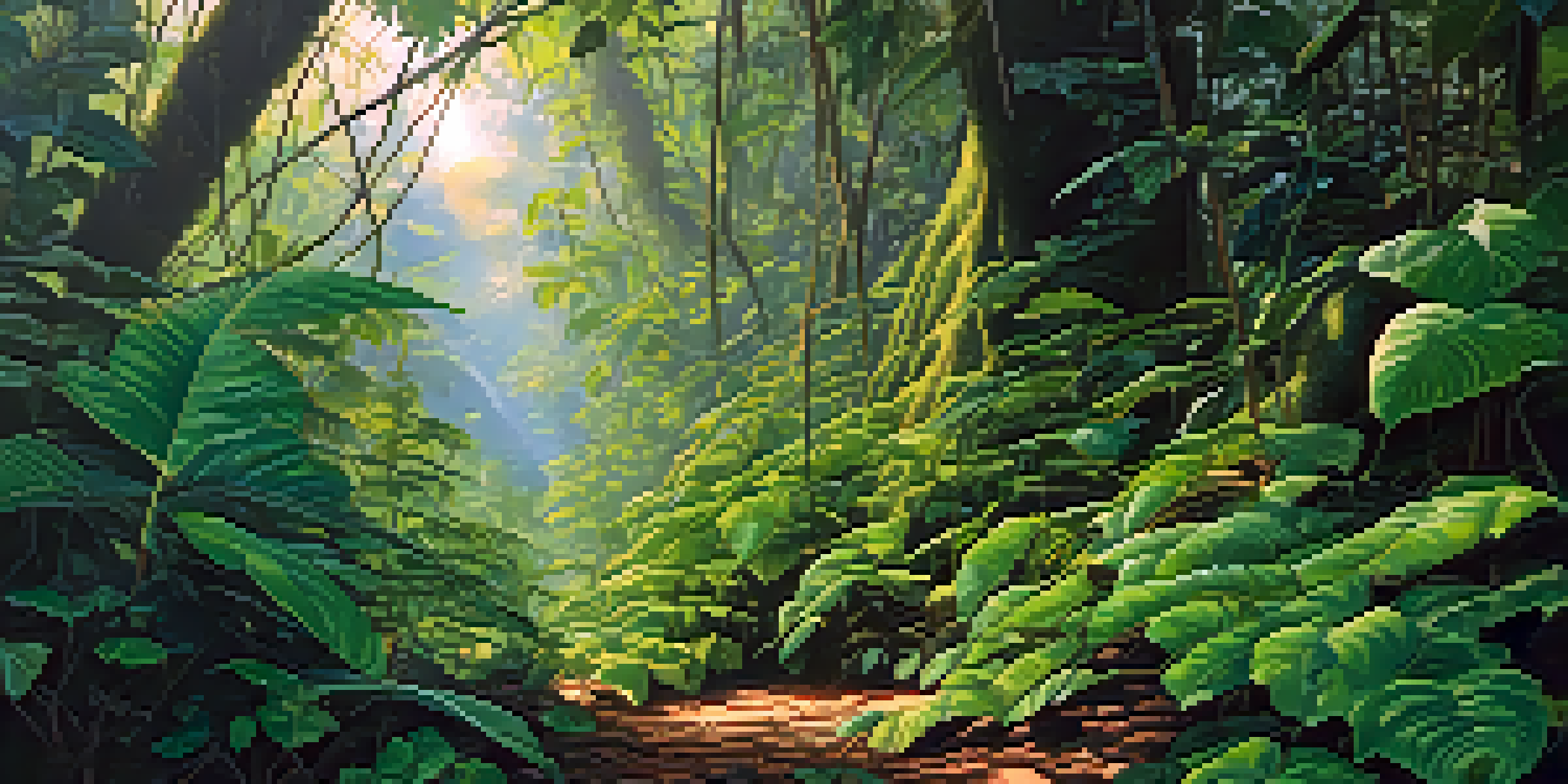 A peaceful scene of the Amazon rainforest featuring the Banisteriopsis caapi vine and vibrant Psychotria viridis leaves, illuminated by soft sunlight.