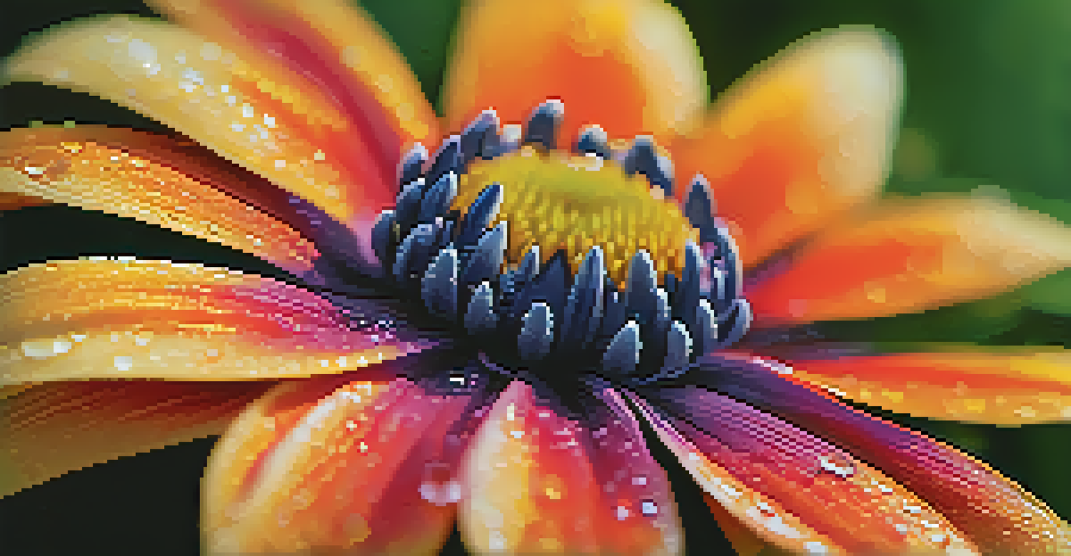 A close-up of a colorful flower with dew drops, set against a softly blurred garden background.