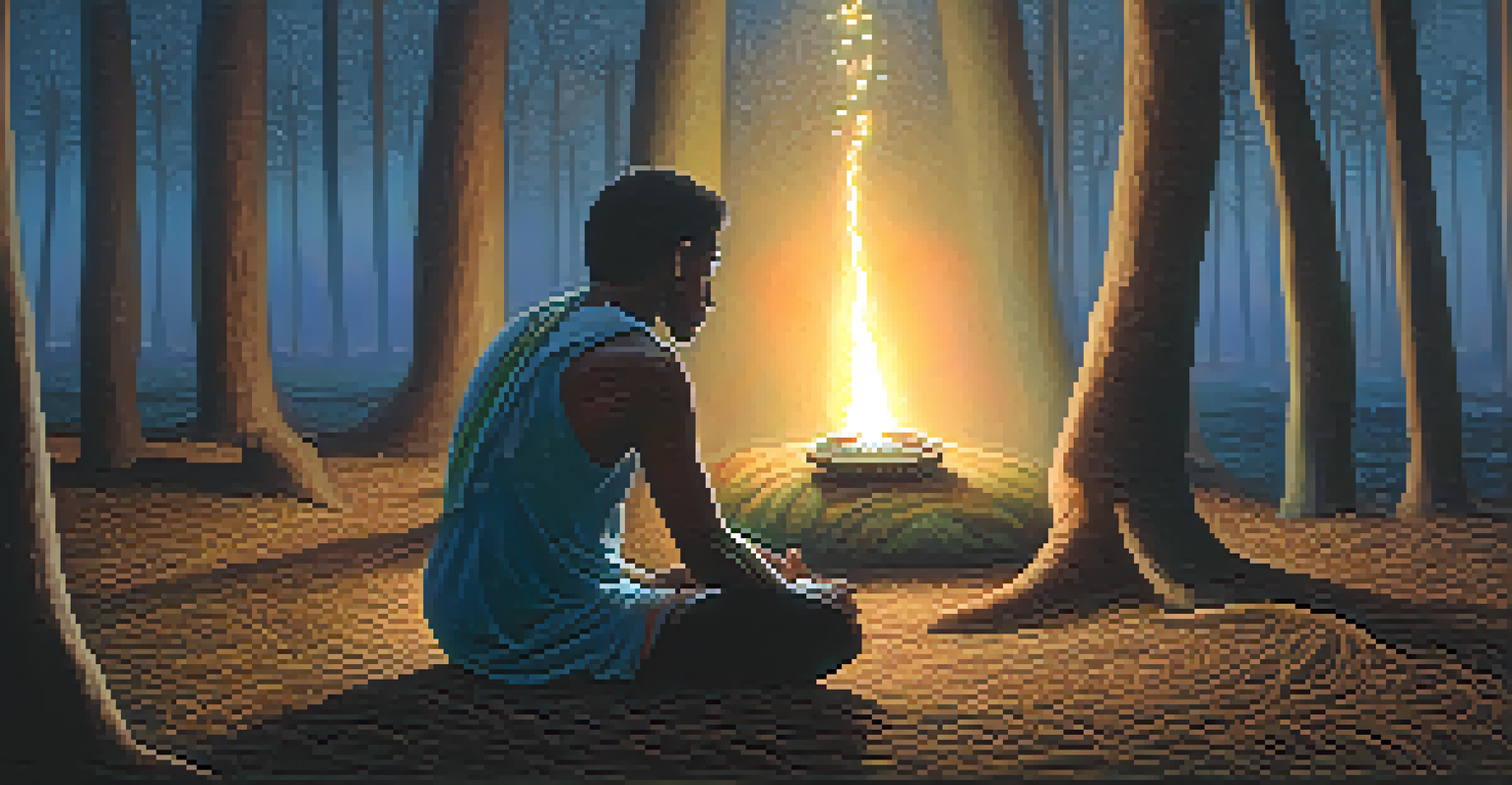 A participant reflecting after an Ayahuasca ceremony, seated in a forest at dusk with glowing lanterns.