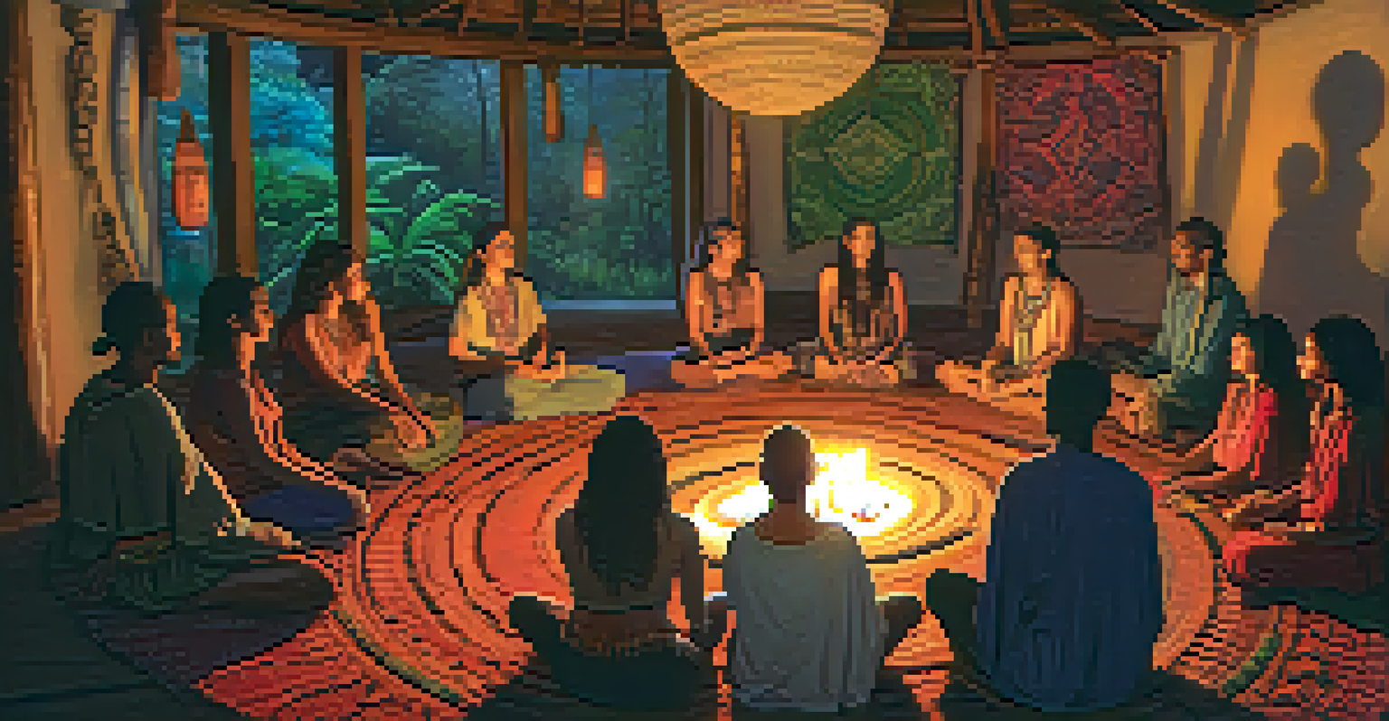A group of participants in a sharing circle indoors after an ayahuasca ceremony, illuminated by candlelight and surrounded by colorful textiles.