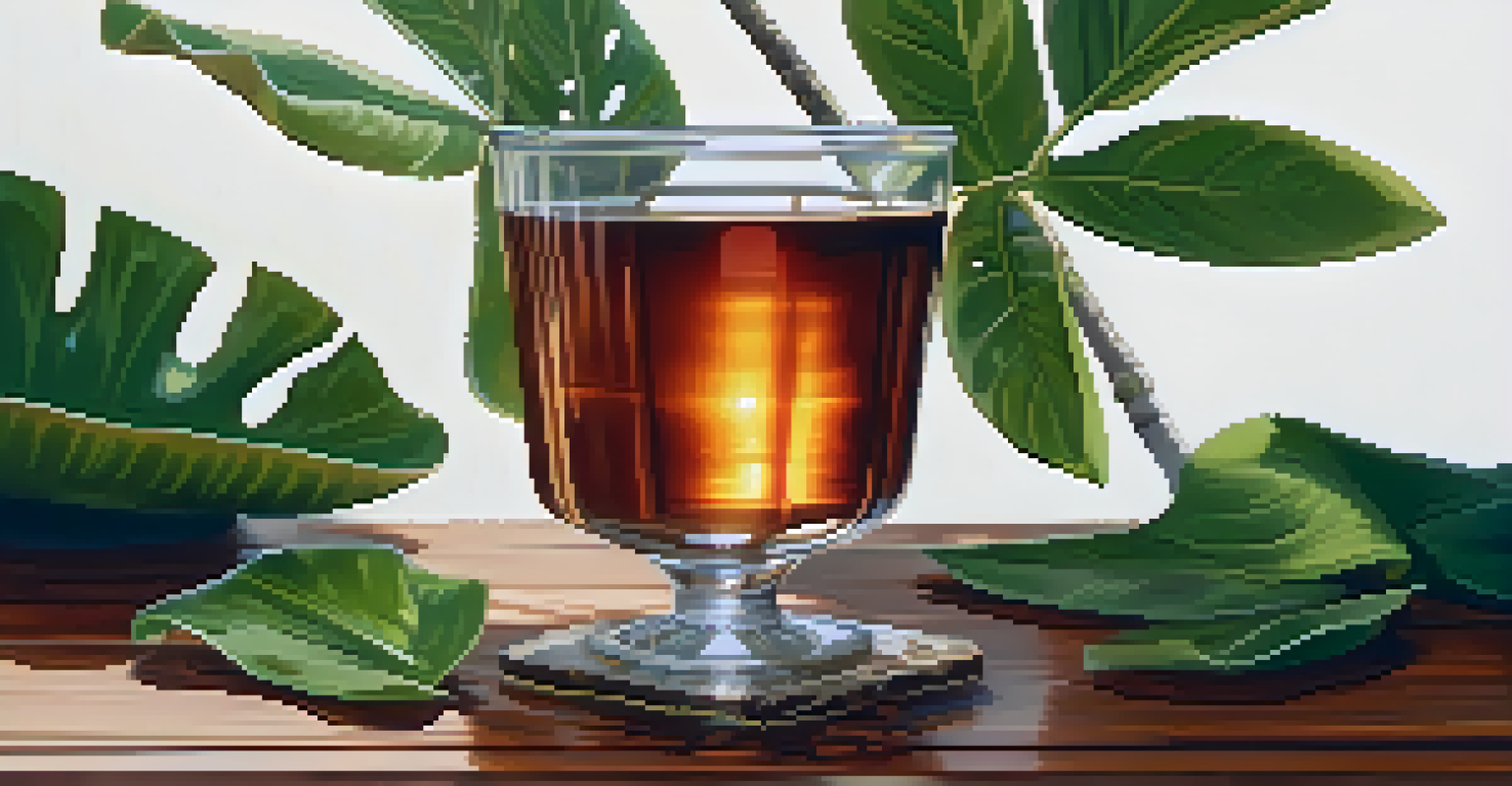 A close-up of a glass of ayahuasca brew on a wooden table, surrounded by chacruna leaves and ayahuasca vine pieces.