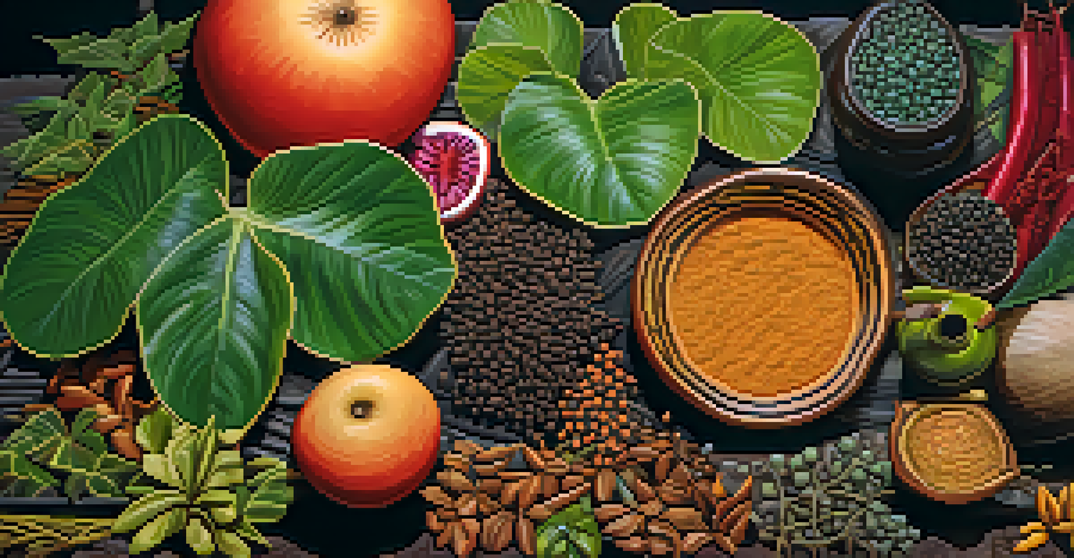 A close-up of Ayahuasca ingredients, showcasing the Banisteriopsis caapi vine and tropical plants in a softly lit environment.