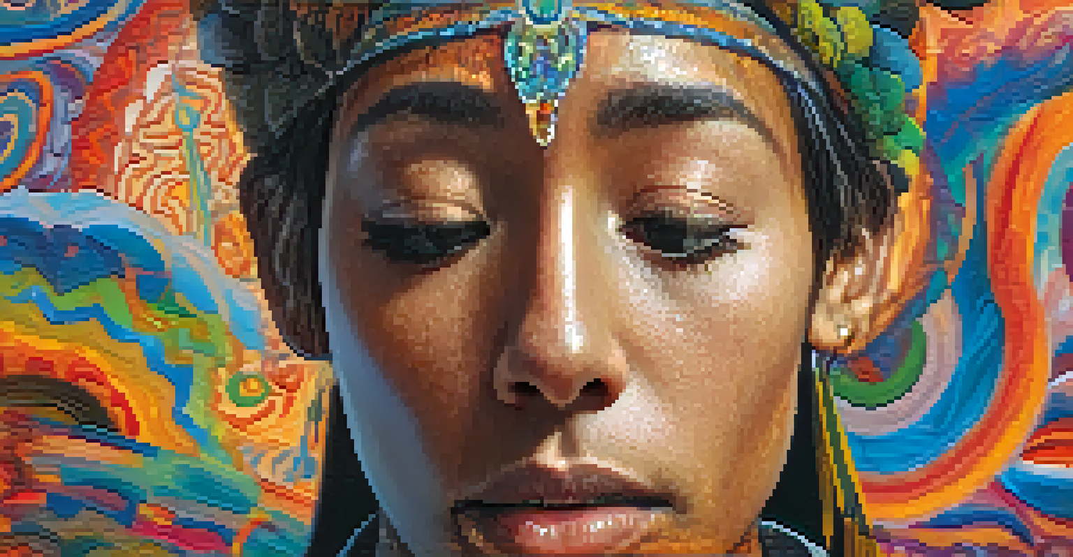 A close-up of a participant during an ayahuasca ceremony, with a peaceful expression and colorful, blurred patterns in the background.