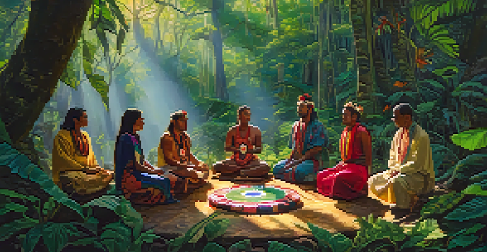 A peaceful rainforest during an Ayahuasca ceremony with participants sitting on the ground and a shaman guiding them, amidst lush greenery and vibrant flowers.