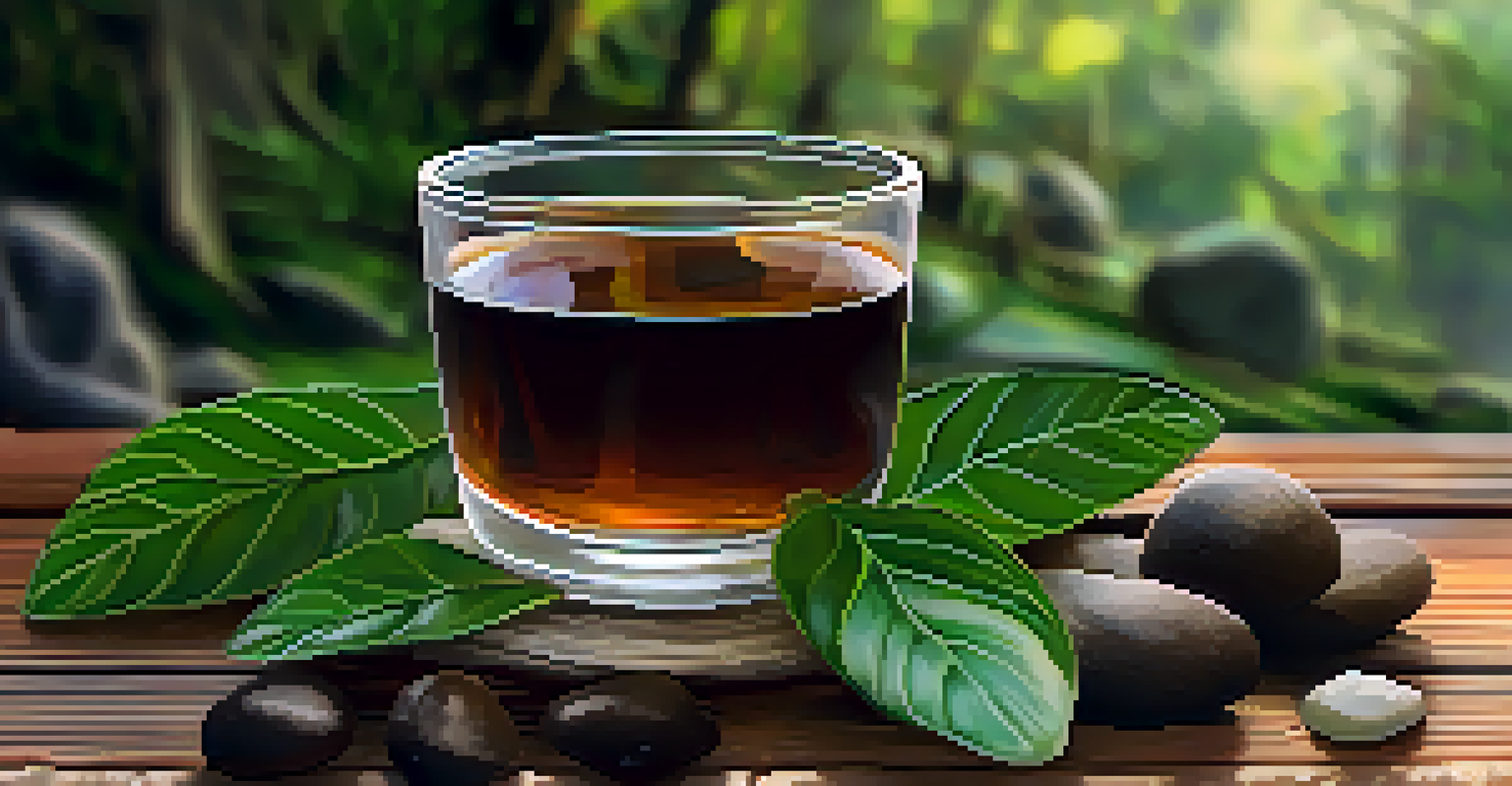 A close-up of a dark brown ayahuasca brew in a glass on a rustic wooden table, surrounded by natural elements.