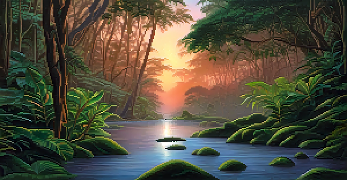 A peaceful Amazon rainforest at twilight with a vine and green leaves, soft light filtering through, and a stream nearby.
