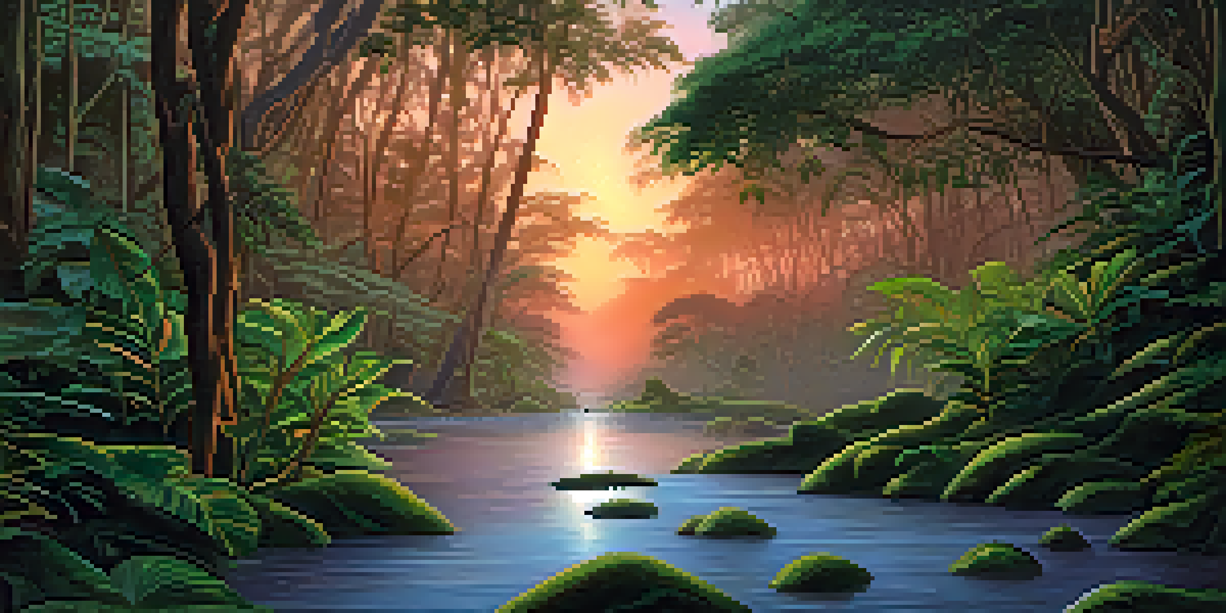 A peaceful Amazon rainforest at twilight with a vine and green leaves, soft light filtering through, and a stream nearby.