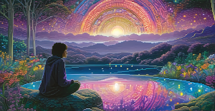 A person meditating in a vibrant dream landscape with colorful plants and glowing lights under a starry sky.