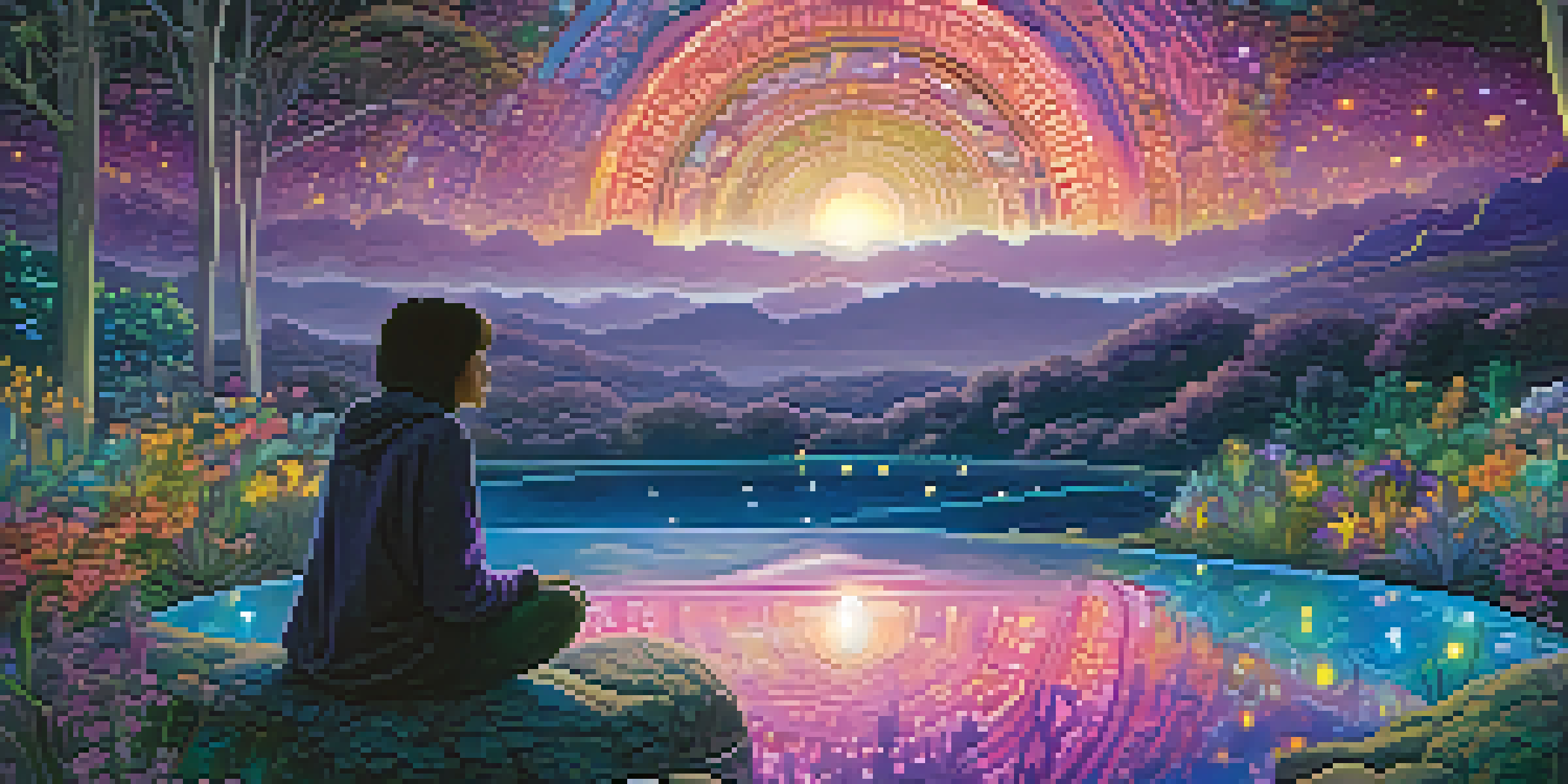 A person meditating in a vibrant dream landscape with colorful plants and glowing lights under a starry sky.