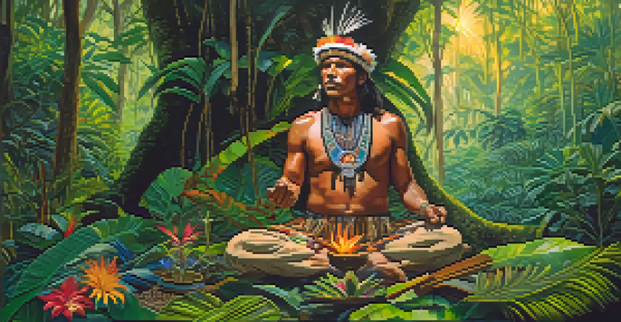 An indigenous shaman in traditional attire preparing ayahuasca in a vibrant Amazon rainforest, surrounded by lush greenery and colorful flowers.