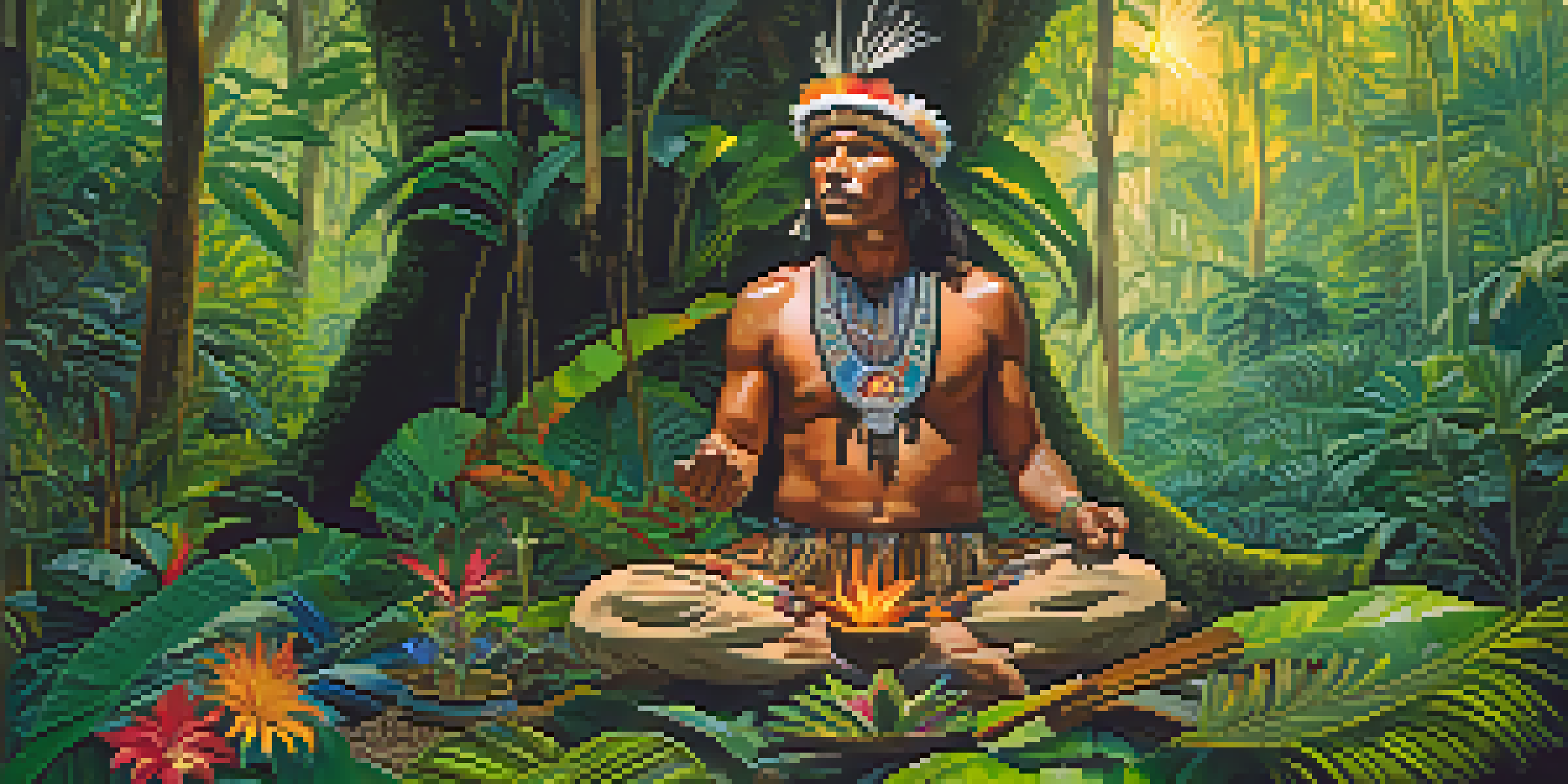 An indigenous shaman in traditional attire preparing ayahuasca in a vibrant Amazon rainforest, surrounded by lush greenery and colorful flowers.