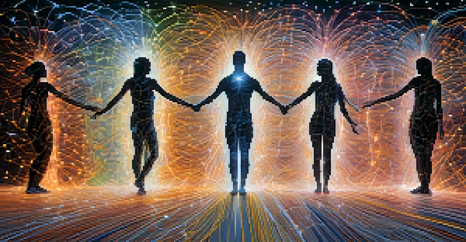 An abstract image of human silhouettes connected by glowing threads, symbolizing unity and interconnectedness.