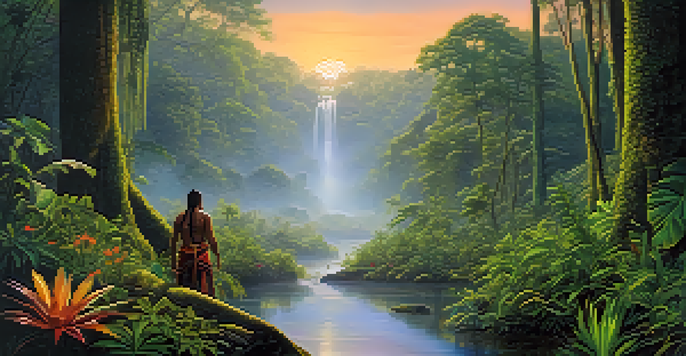 A peaceful scene in the Amazon rainforest at sunrise, with a shamanic figure preparing ayahuasca and a tranquil river.