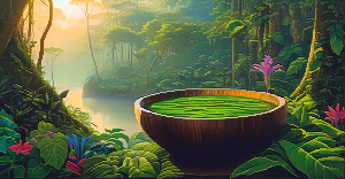 A peaceful Amazon rainforest with mist, a wooden vessel containing Ayahuasca brew, and colorful flowers, illuminated by soft dawn light.