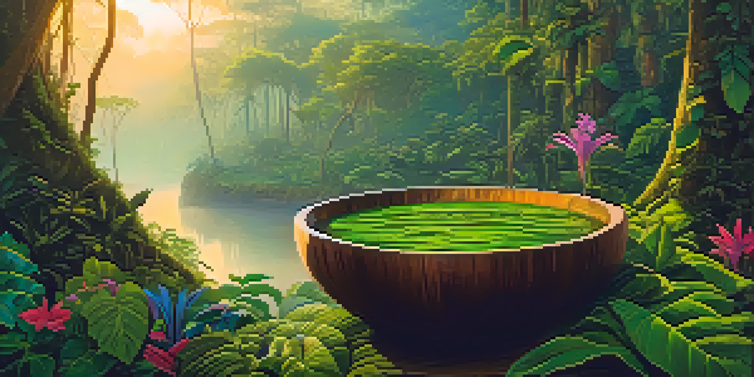 A peaceful Amazon rainforest with mist, a wooden vessel containing Ayahuasca brew, and colorful flowers, illuminated by soft dawn light.