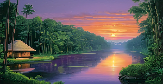 A peaceful Amazon rainforest at sunset, featuring a river and traditional huts amidst lush greenery.