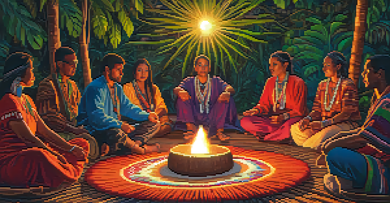 An intimate ayahuasca ceremony with a diverse group of participants in traditional attire sitting in a circle, led by a female shaman amidst candlelight and vibrant decorations.