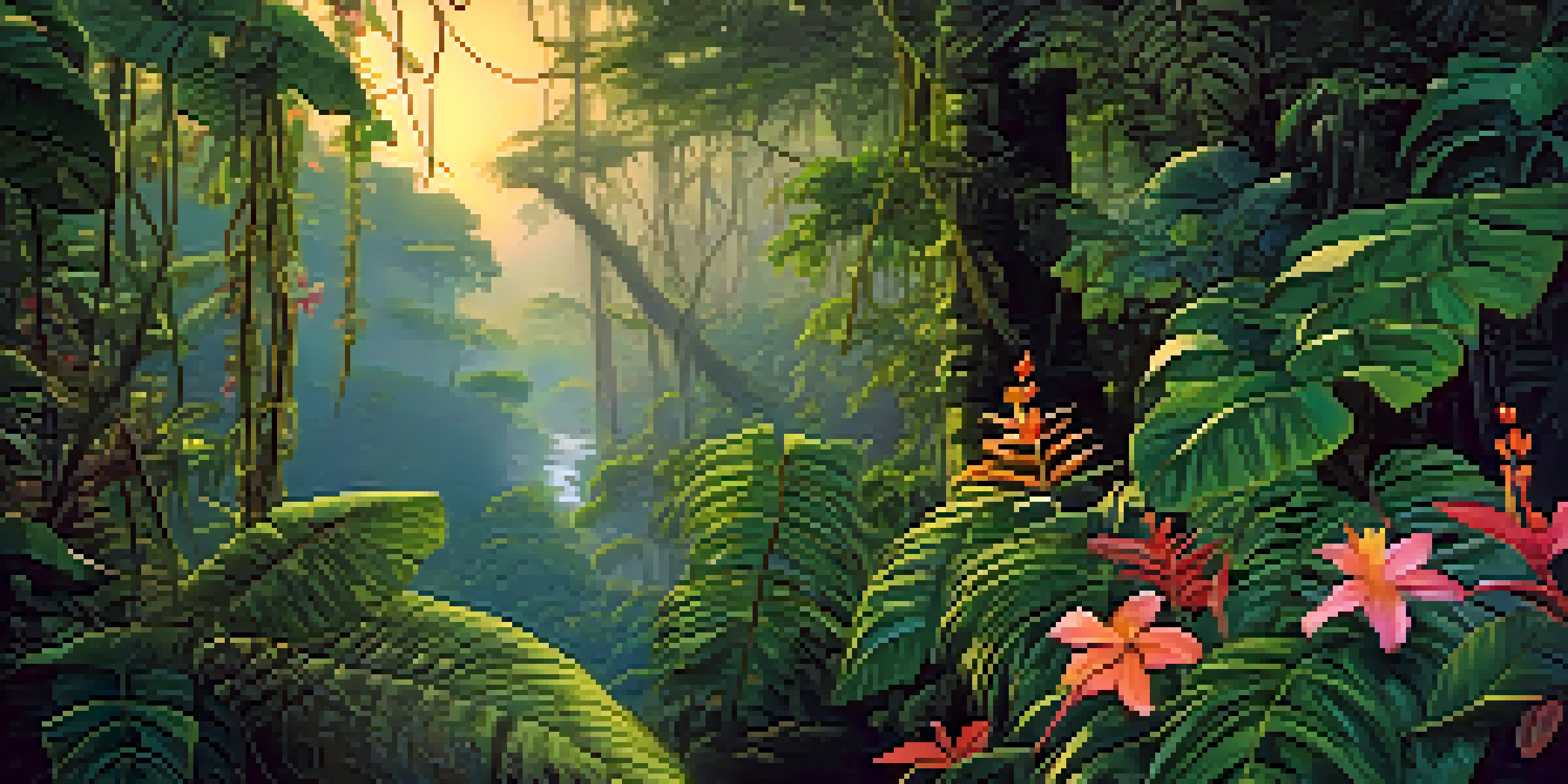 A peaceful Amazon rainforest at twilight with the Banisteriopsis caapi vine and colorful tropical plants under soft warm light.
