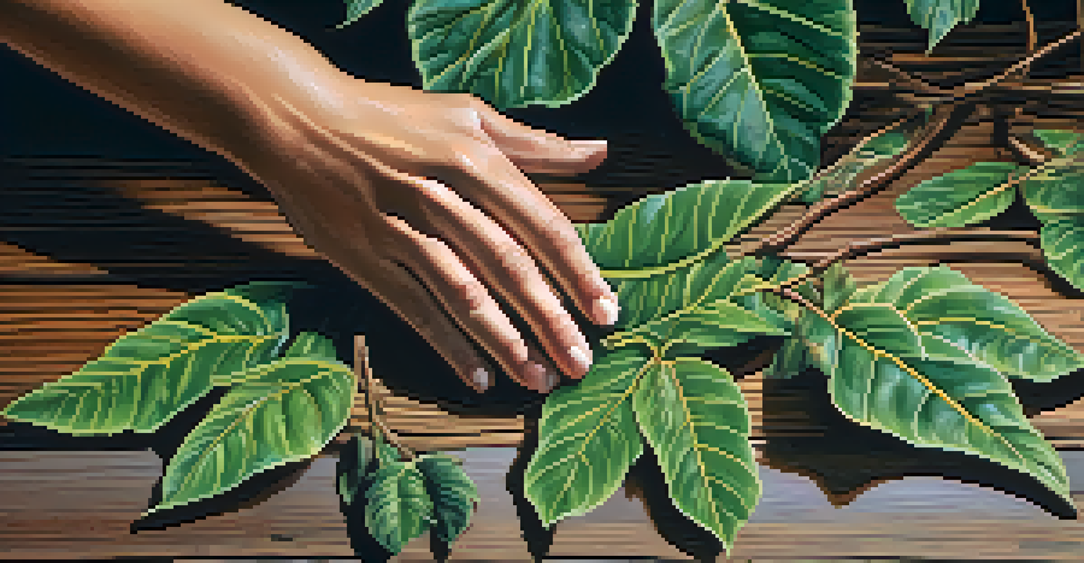 A close-up of a hand touching ayahuasca vine and Chacruna leaves on a wooden table, showcasing the textures and connection to nature.