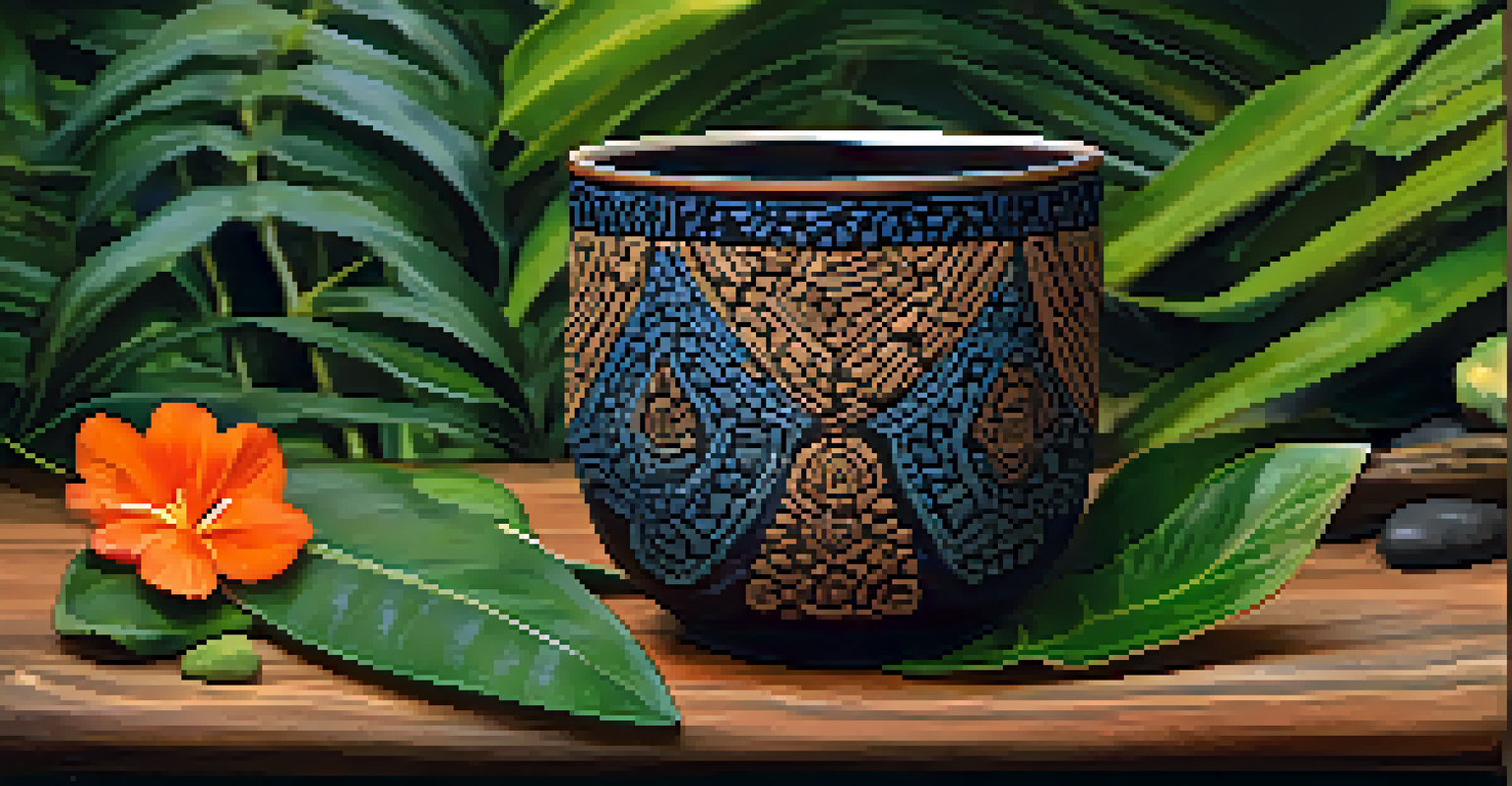 A close-up of a traditional Ayahuasca brew in a ceramic cup, surrounded by leaves and flowers, showcasing the rich color and textures.