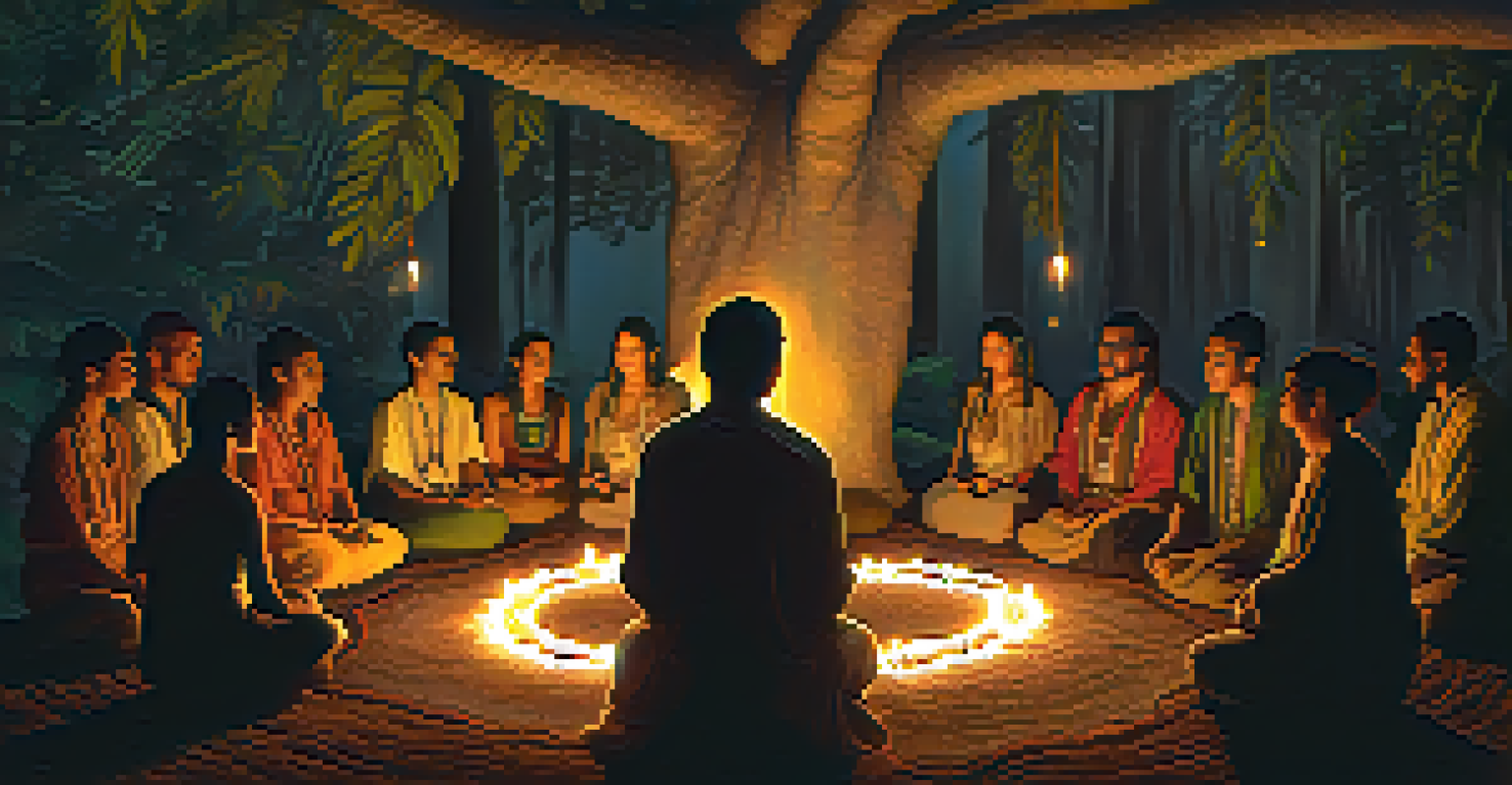 A circle of participants in an Ayahuasca ceremony, illuminated by candlelight, with a shaman leading the session in a natural setting.
