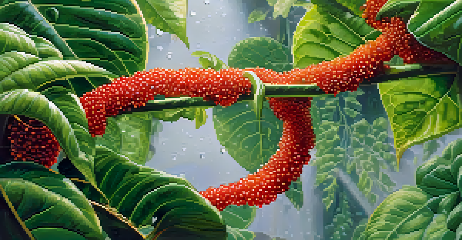 A detailed close-up of the Banisteriopsis caapi vine with dew drops, surrounded by lush tropical leaves.