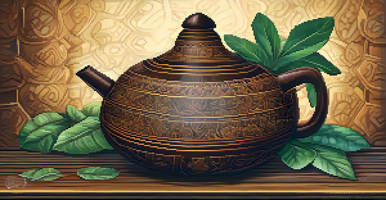 A close-up of traditional Ayahuasca brew in a decorative vessel on a wooden table, surrounded by leaves and flowers.
