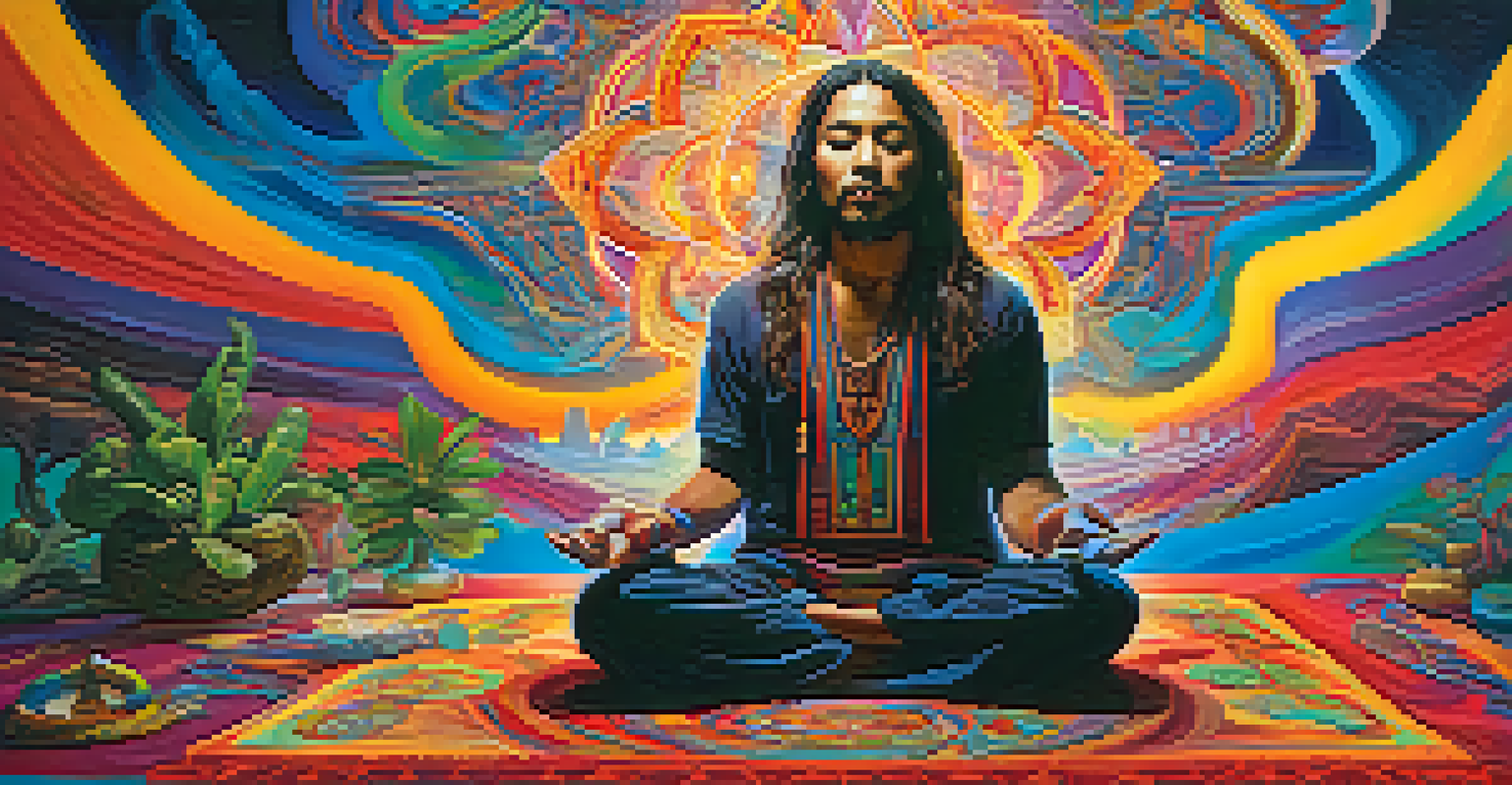 A meditative figure surrounded by vibrant colors and abstract shapes, symbolizing the dreamlike insights of an Ayahuasca experience.