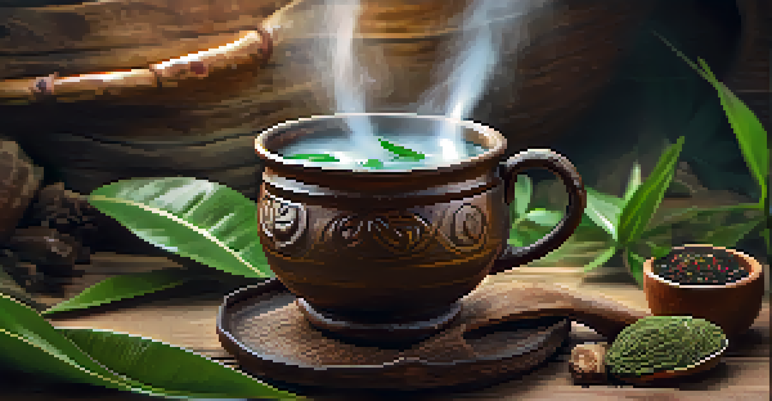 A close-up of traditional ayahuasca brew in a rustic cup, with steam rising, surrounded by leaves and wooden textures, creating a warm atmosphere.
