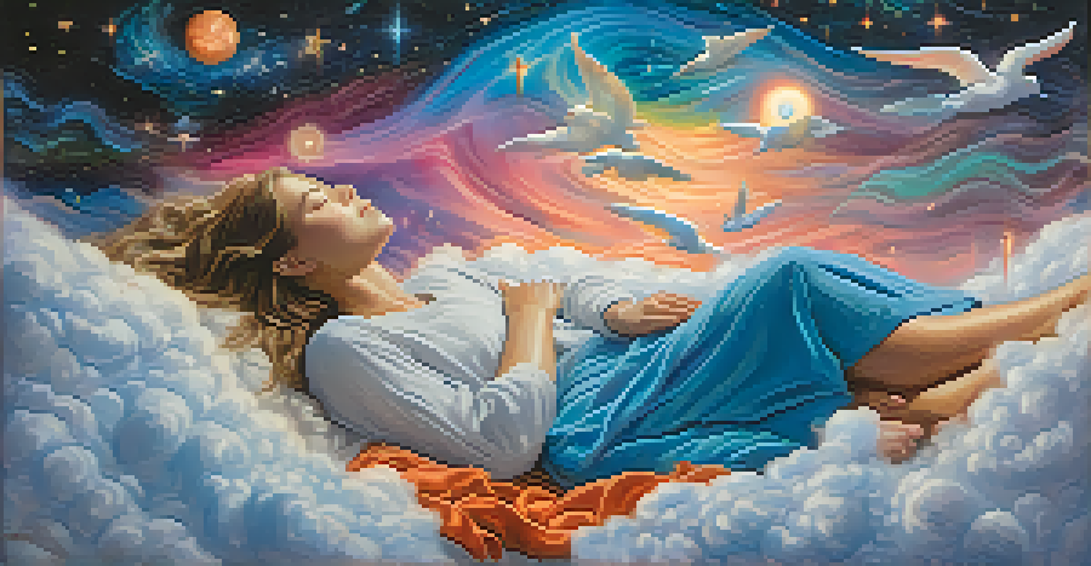 A surreal dreamscape with a person sleeping on a cloud, surrounded by spirit figures and dream symbols in a colorful night sky.
