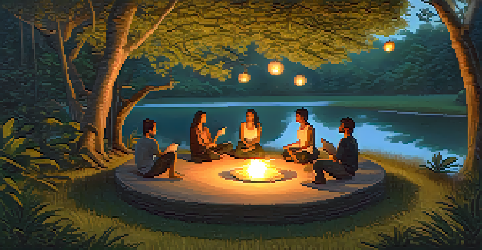 An inviting outdoor Ayahuasca retreat at dusk, with participants meditating in a natural setting illuminated by lanterns.