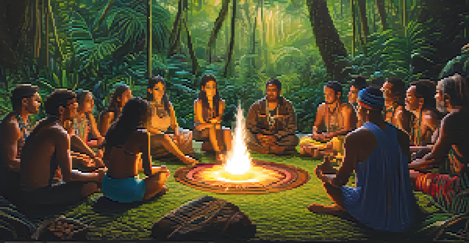 A group of individuals in a circle during an Ayahuasca ceremony, guided by a shaman in a lush rainforest setting.