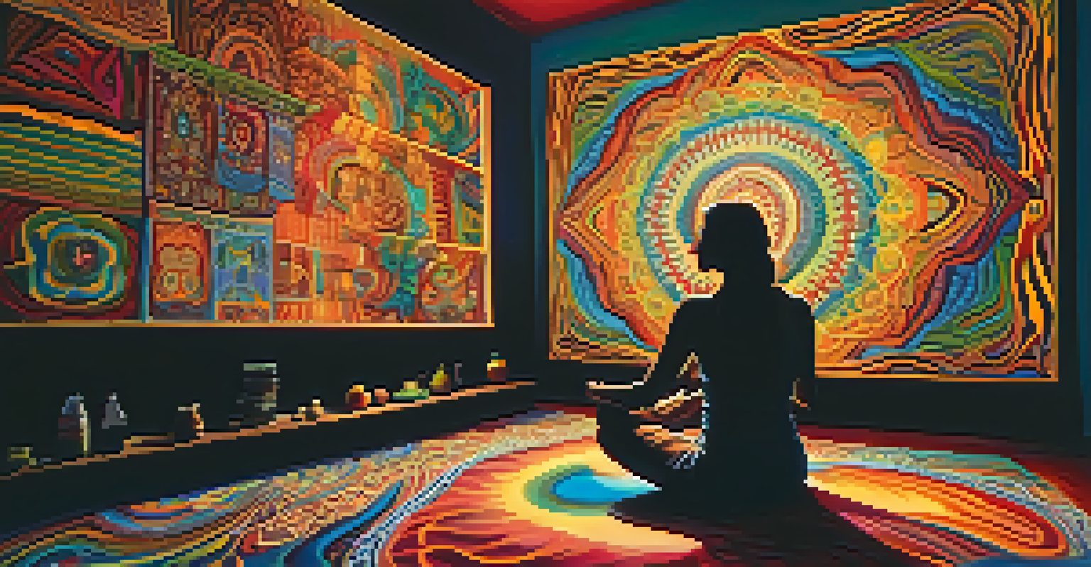 A person sitting in meditation surrounded by colorful, swirling patterns representing altered consciousness, with warm, soft lighting illuminating the scene.