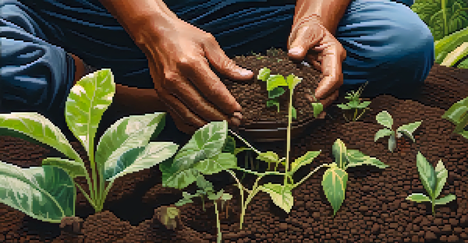 A close-up of hands planting an ayahuasca seedling, with a community workshop in the background promoting sustainable farming education.