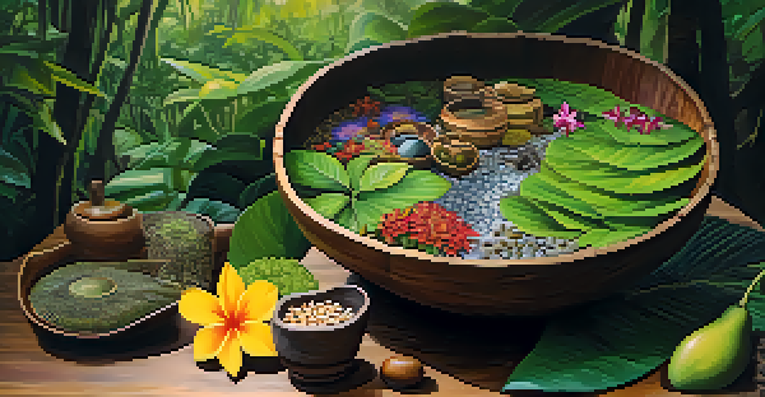 A close-up of ayahuasca brew in a wooden bowl, with fresh ingredients and a blurred jungle background.