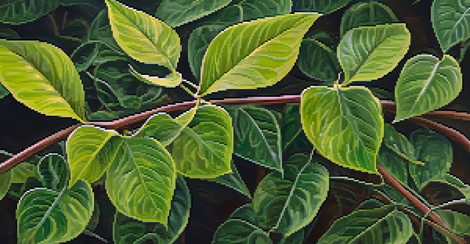 A detailed close-up of the Banisteriopsis caapi vine and Psychotria viridis leaves, displaying their textures and colors in warm natural light.