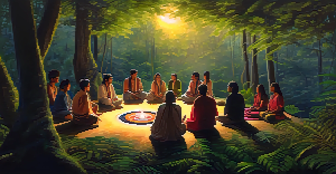 A peaceful forest scene at twilight with a group of individuals in traditional attire sitting in a circle for a ceremony, surrounded by lush greenery.