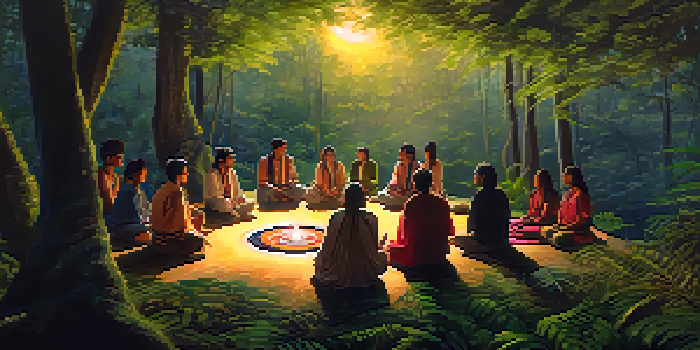 A peaceful forest scene at twilight with a group of individuals in traditional attire sitting in a circle for a ceremony, surrounded by lush greenery.