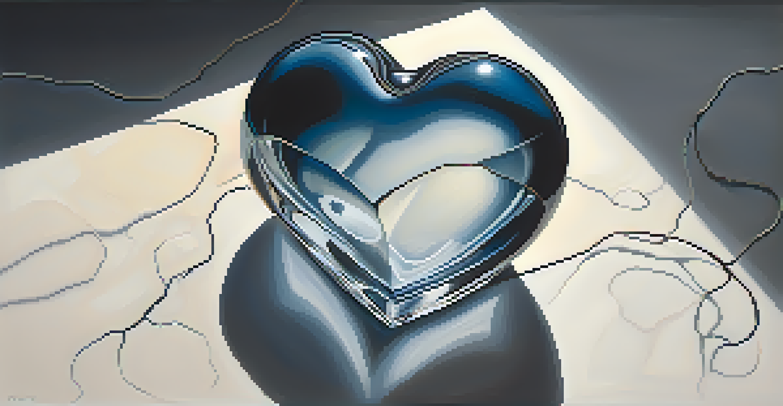 An abstract image of a fragile glass heart surrounded by dark shadows and illuminated by soft light, symbolizing emotional vulnerability.