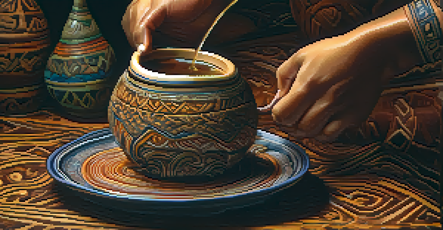A close-up of Ayahuasca brew being poured from a ceramic vessel into a cup, with an emphasis on the earthy color and intricate patterns of the vessel.