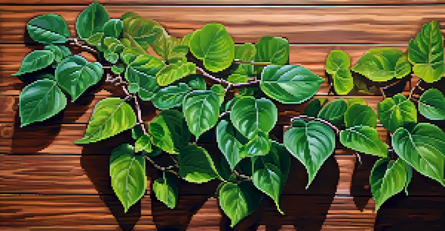 A close-up view of Banisteriopsis caapi vine and Psychotria viridis leaves on a wooden table.